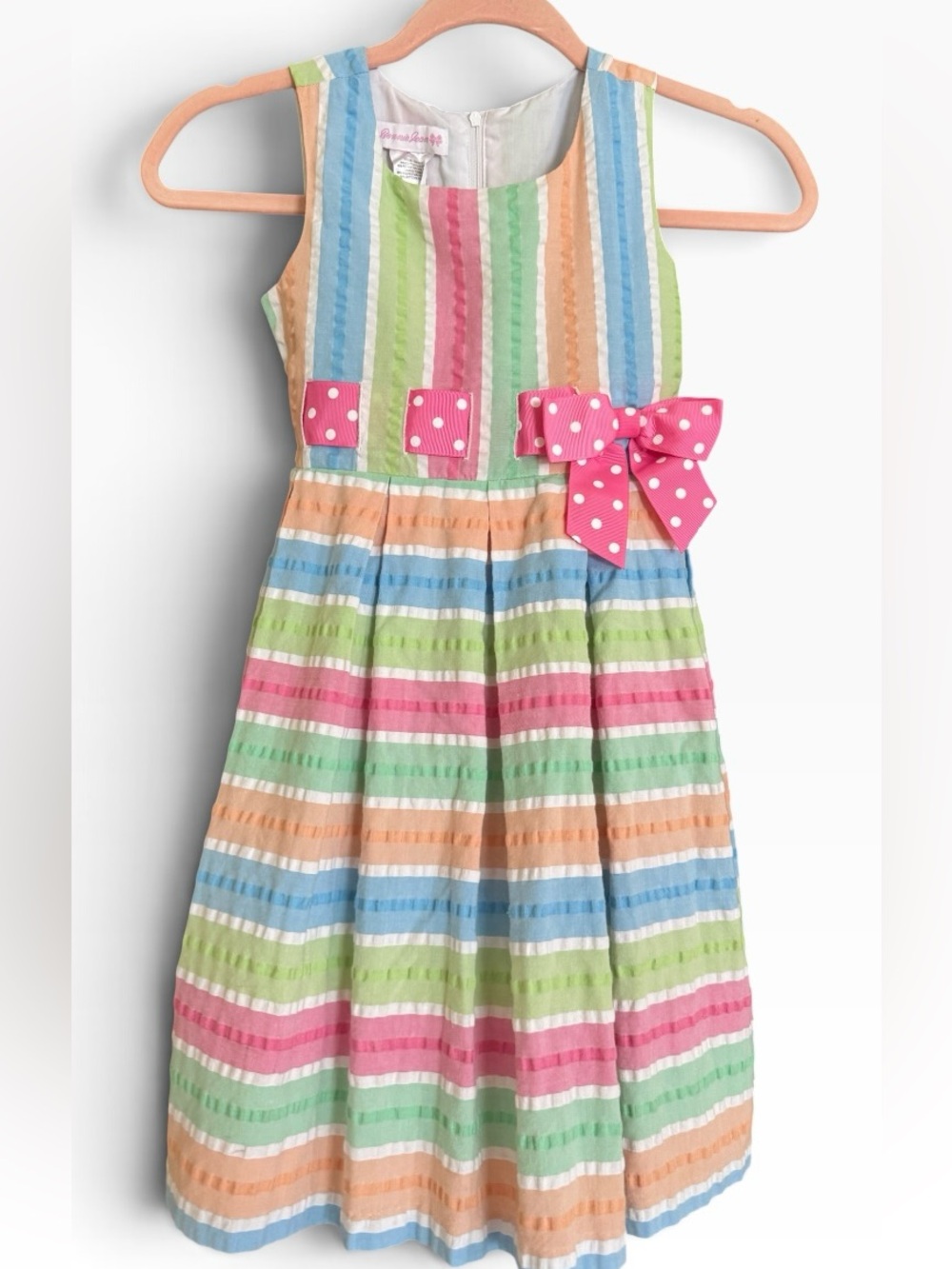 Bonnie Jean Pastel Rainbow Striped Seersucker Dress with Pink Bow Coquette